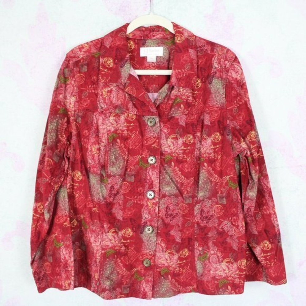 CJ Banks 1X Red Cotton Corduroy Butterfly Artsy Art To Wear Blazer‎ Jacket Plus